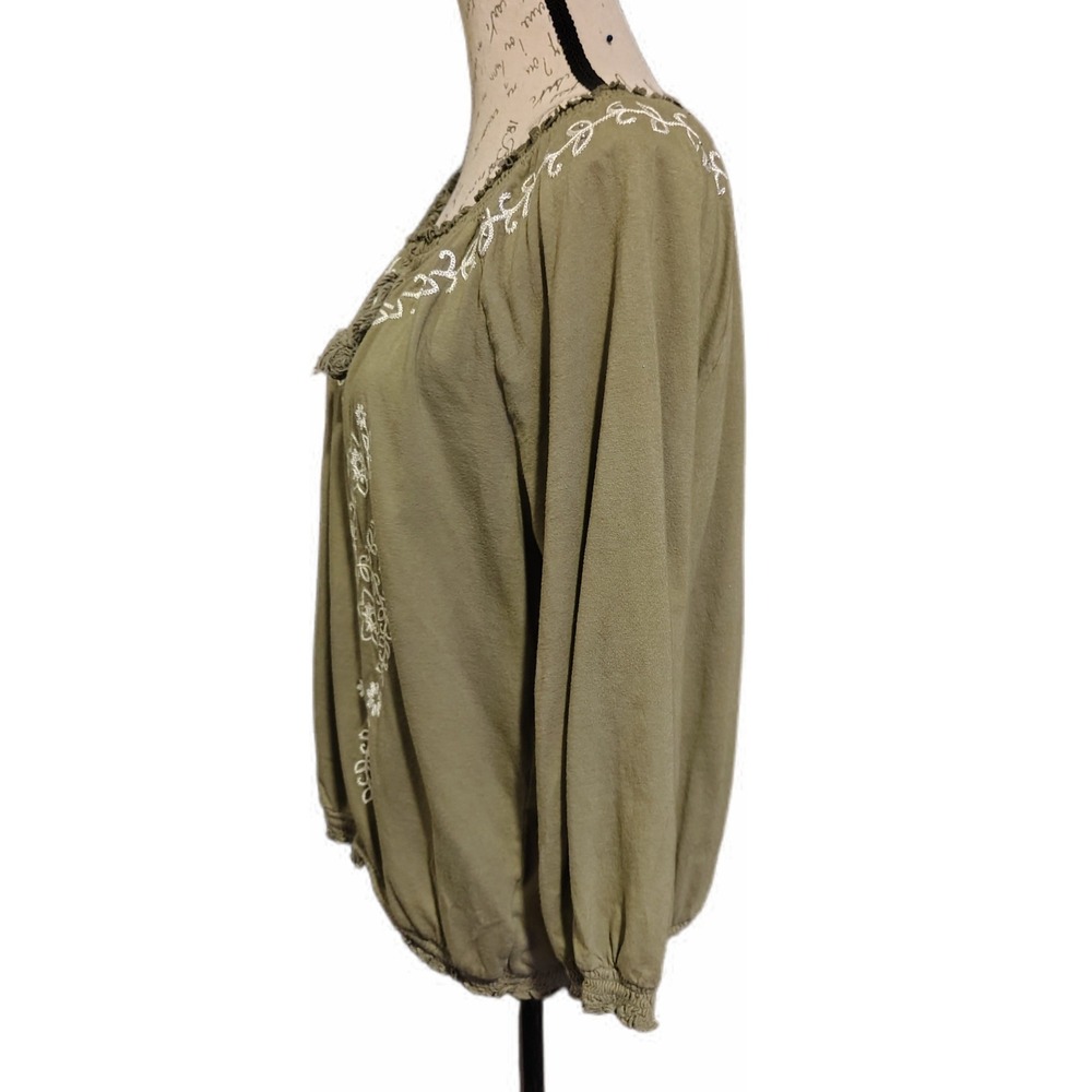 Bandolino Womens Boho Olive Green Embroidered Floral Cotton Peasant Blouse XL - Picture 5 of 8